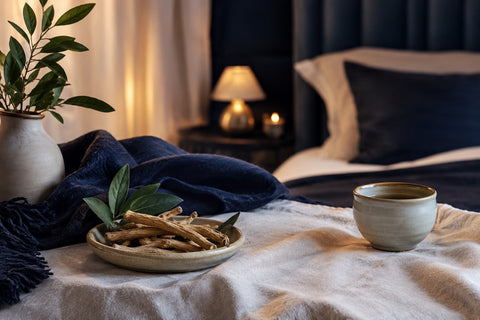 Calm bedroom scene with ashwagandha roots, herbal tea, and soft navy and cream textiles