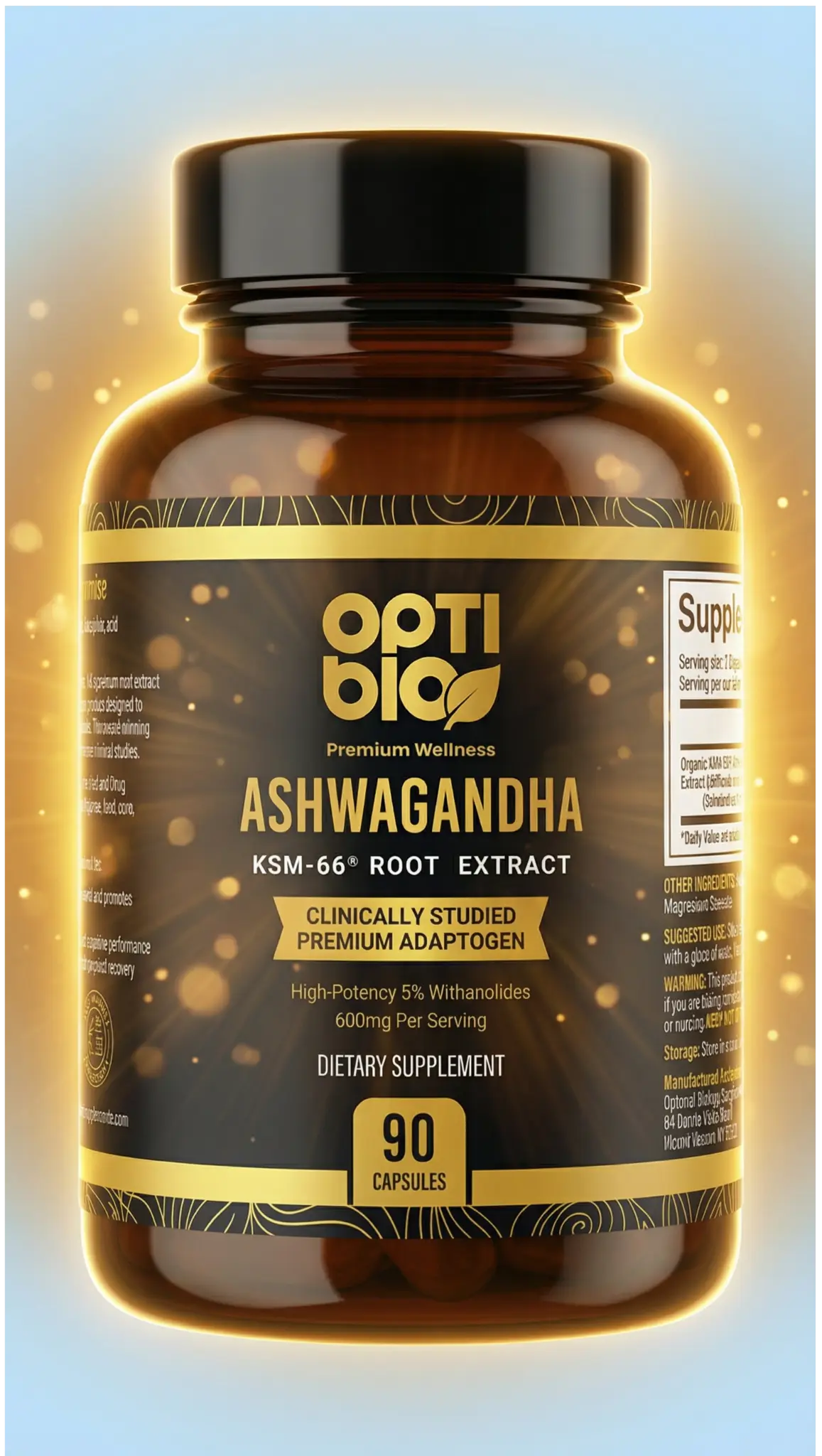 Optibio Ashwagandha KSM-66® supplement bottle — hero shot with golden radiance glow