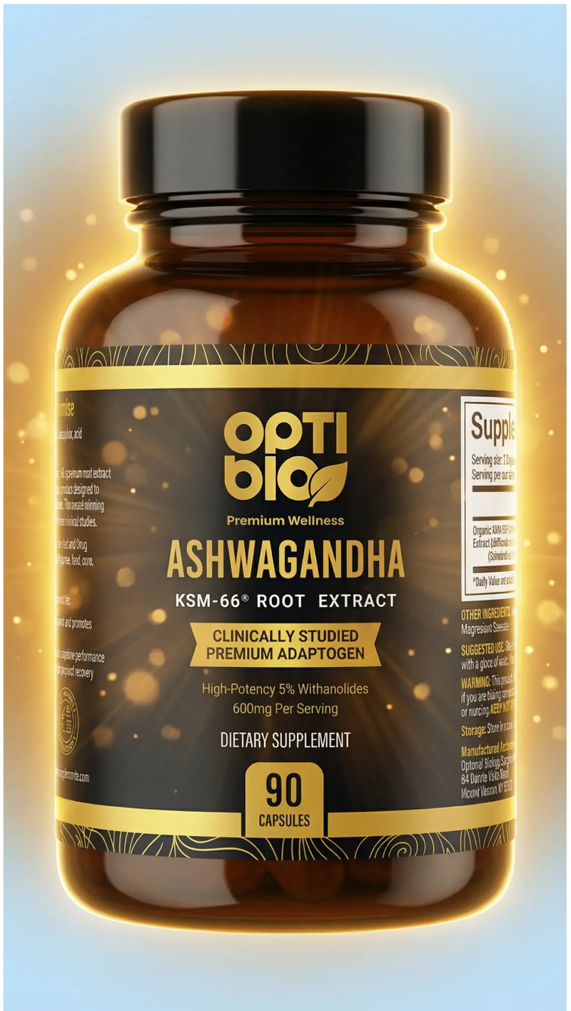 Optibio Ashwagandha KSM-66® supplement bottle — hero shot with golden radiance glow