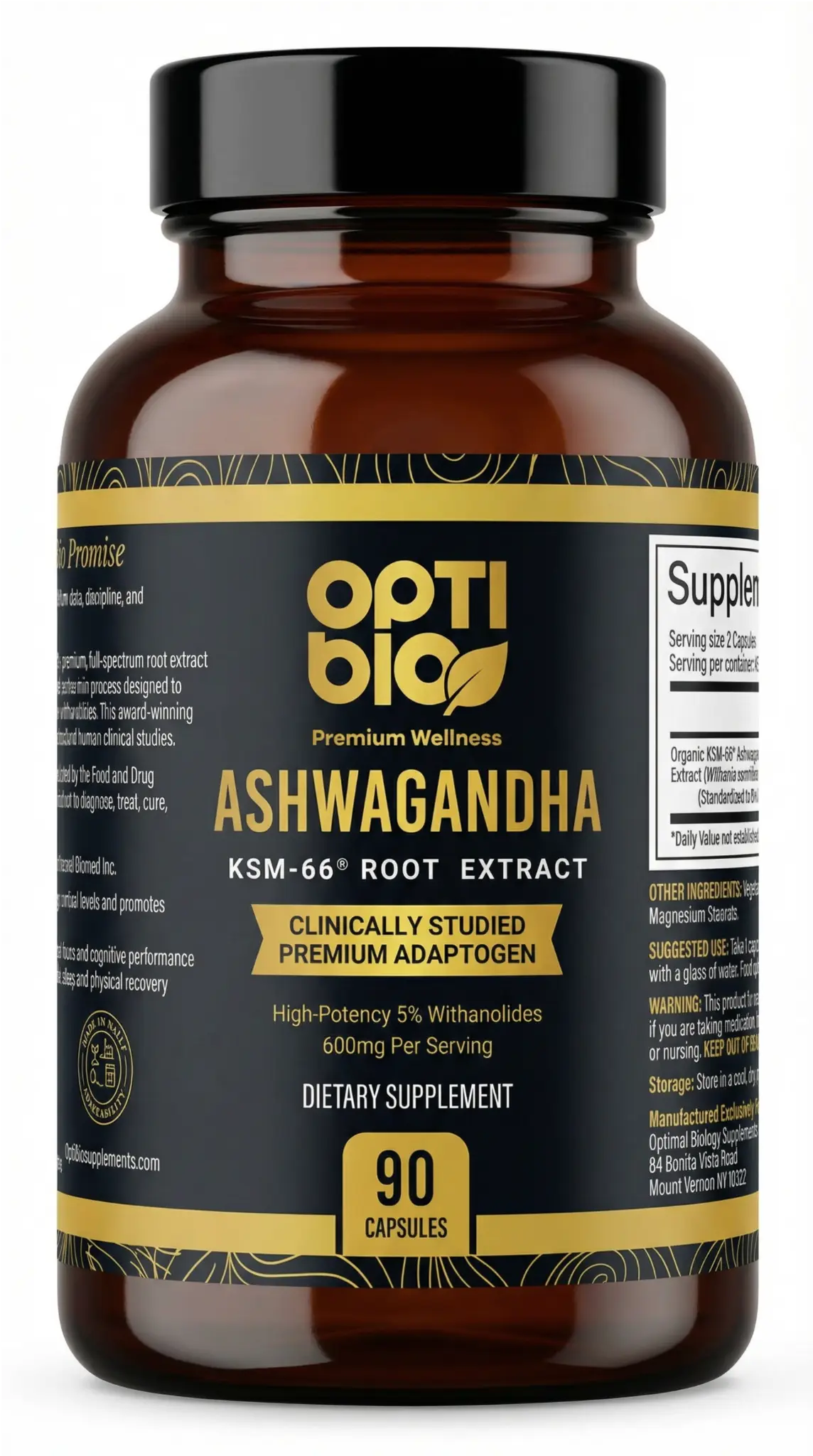 Optibio Ashwagandha KSM-66® supplement bottle — front view, 90 capsules