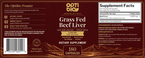 Optibio Grass Fed Beef Liver full label with Supplement Facts, suggested use and warning