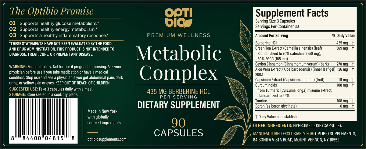 Optibio Metabolic Complex full label with Supplement Facts, suggested use and warning