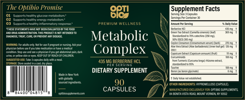 Optibio Metabolic Complex full label with Supplement Facts, suggested use and warning