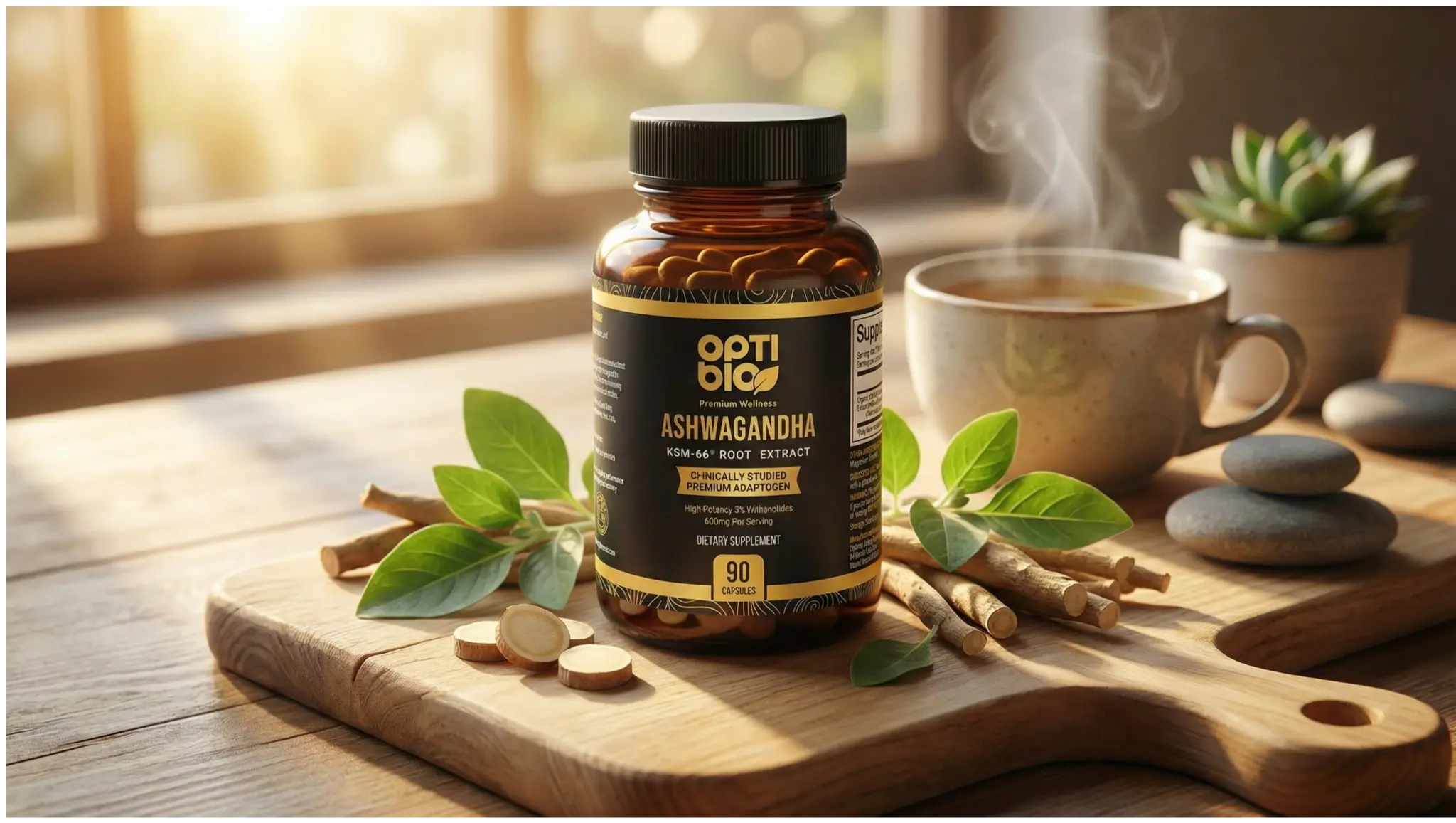 Optibio Ashwagandha KSM-66® supplement bottle — zen lifestyle scene with herbal tea and natural wellness ingredients