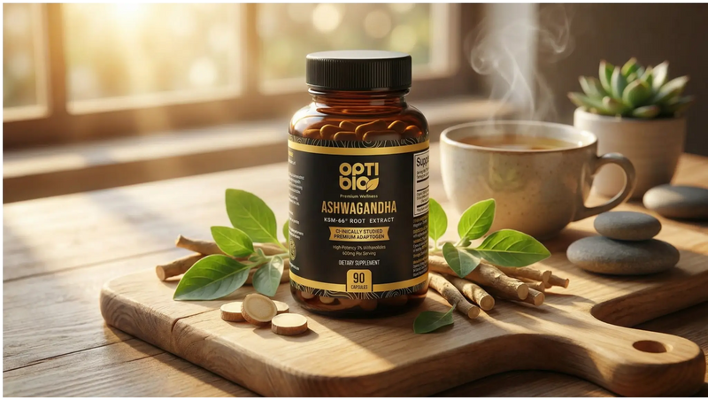Optibio Ashwagandha KSM-66® supplement bottle — zen lifestyle scene with herbal tea and natural wellness ingredients