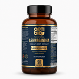 Front-facing Optibio KSM-66 Ashwagandha 600mg bottle with 90 capsules on a white background