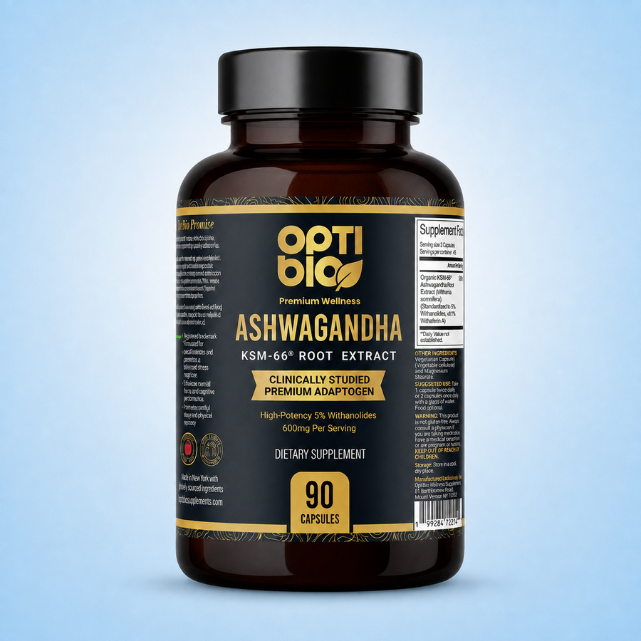 Optibio KSM-66 Ashwagandha 600mg bottle on a pale blue background