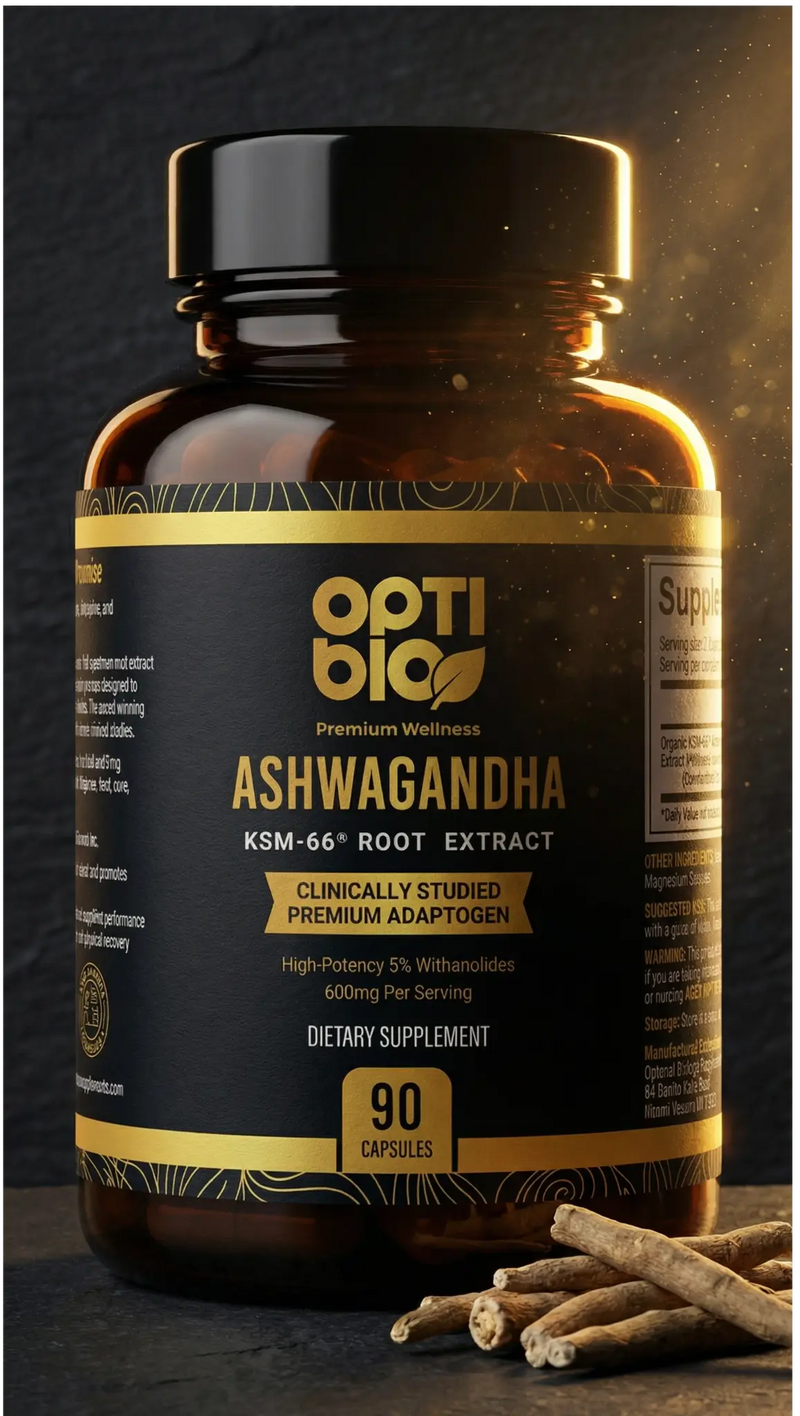 Optibio Ashwagandha KSM-66® supplement bottle — premium studio shot with ashwagandha root