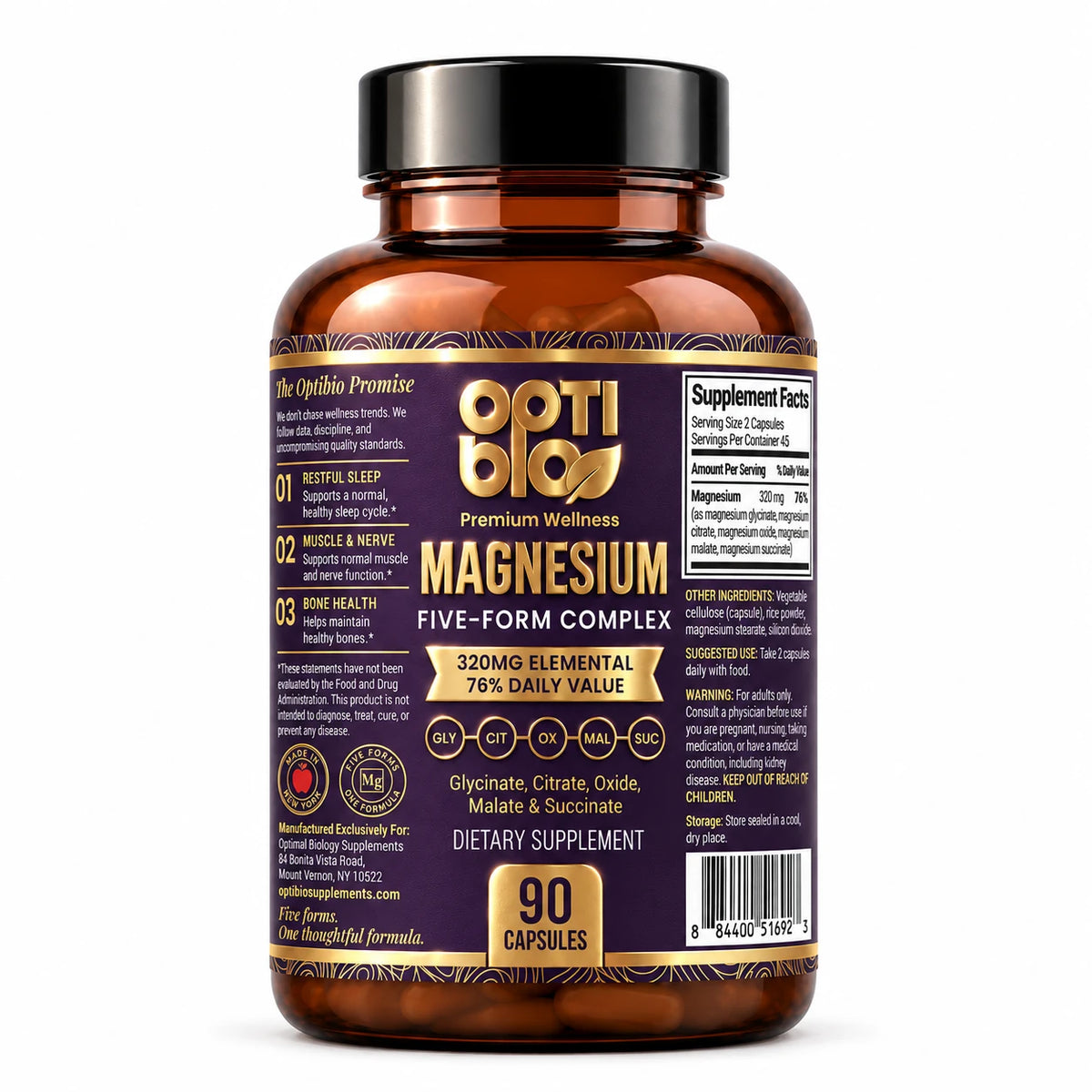 Optibio Magnesium Five Form Complex bottle side label with Supplement Facts, 320 mg magnesium per 2 capsule serving
