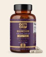 Optibio Magnesium Five Form Complex bottle, 90 capsules, 320 mg elemental magnesium per serving, front view on a light background