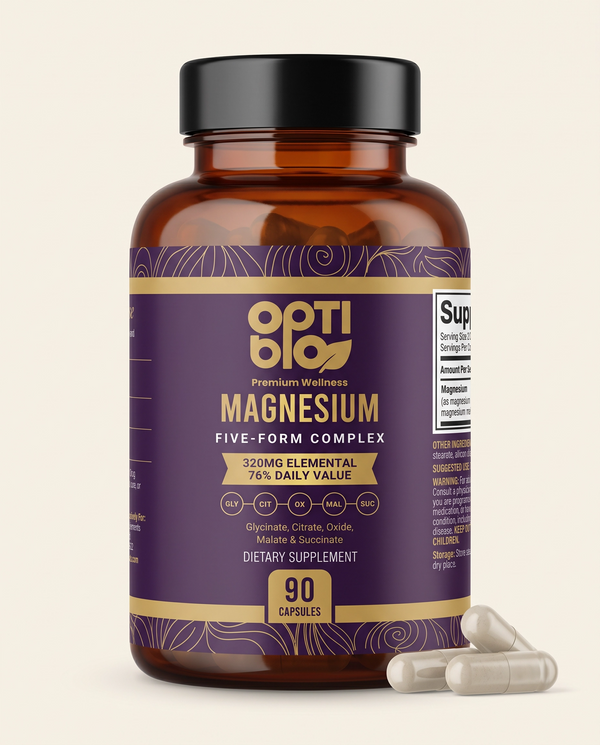 Optibio Magnesium Five Form Complex bottle, 90 capsules, 320 mg elemental magnesium per serving, front view on a light background