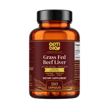 Optibio Grass Fed Beef Liver bottle, 180 capsules, 3,000 mg per serving, 100% New Zealand, freeze dried, front view