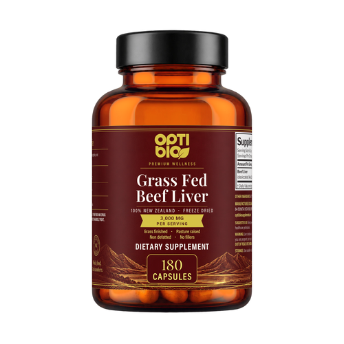 Optibio Grass Fed Beef Liver bottle, 180 capsules, 3,000 mg per serving, 100% New Zealand, freeze dried, front view
