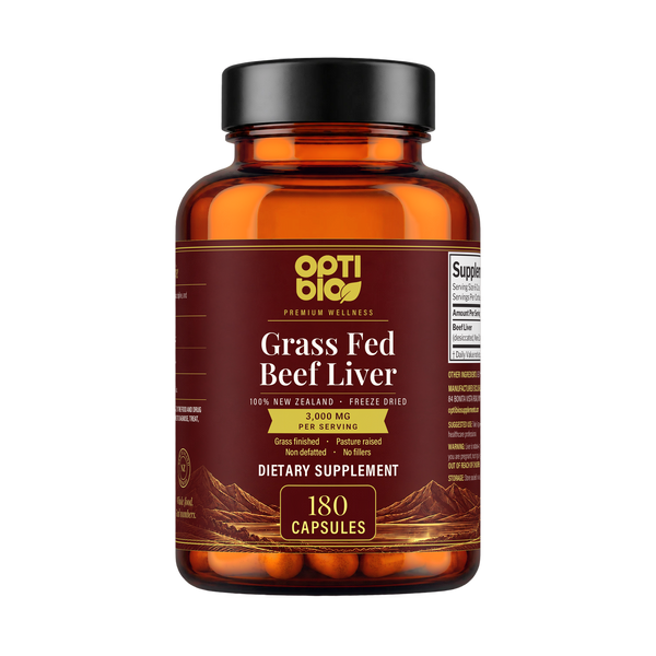 Optibio Grass Fed Beef Liver bottle, 180 capsules, 3,000 mg per serving, 100% New Zealand, freeze dried, front view