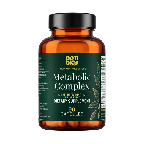 Optibio Metabolic Complex bottle, 90 capsules, 435 mg berberine HCl per serving, front view