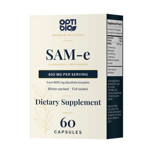 Optibio SAM-e carton, 60 capsules, 400 mg per serving, each capsule sealed in its own foil blister, front view