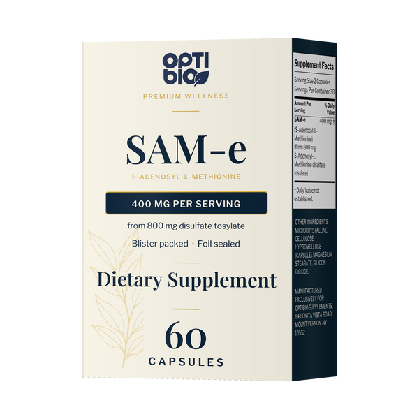 Optibio SAM-e carton, 60 capsules, 400 mg per serving, each capsule sealed in its own foil blister, front view