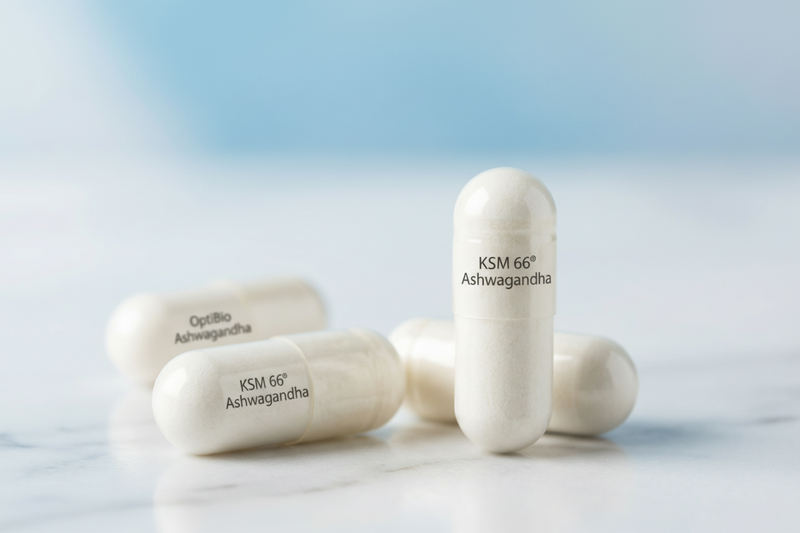 Optibio KSM-66® Ashwagandha capsules close-up — white vegetarian capsules with branded labeling