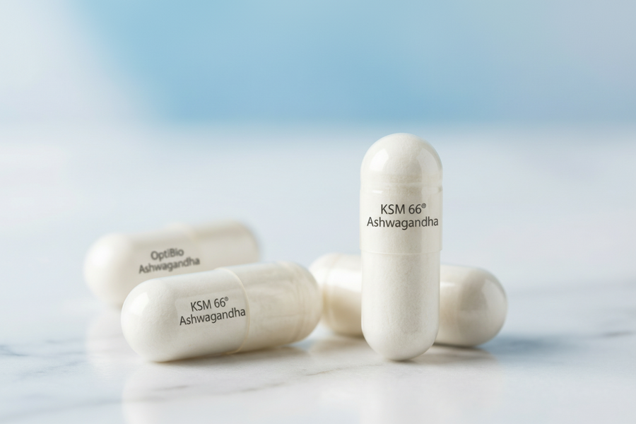 Optibio Ashwagandha KSM-66® capsules close-up — vegetarian 600mg ashwagandha supplement, no fillers