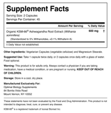 Supplement Facts panel: OptiBio KSM-66 Ashwagandha, 600 mg organic KSM-66 ashwagandha root extract per 2-capsule serving, 45 servings per container
