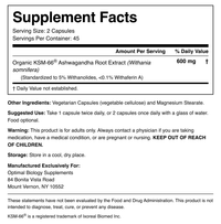Supplement Facts panel: OptiBio KSM-66 Ashwagandha, 600 mg organic KSM-66 ashwagandha root extract per 2-capsule serving, 45 servings per container