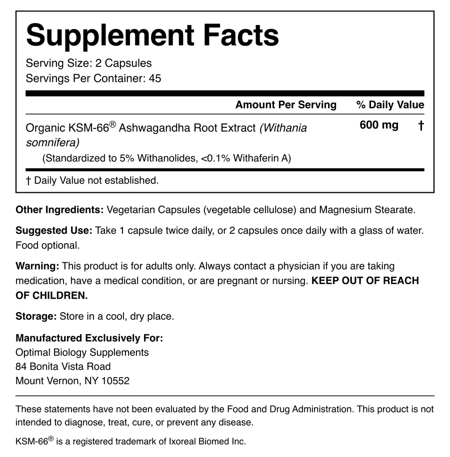 Supplement Facts panel: OptiBio KSM-66 Ashwagandha, 600 mg organic KSM-66 ashwagandha root extract per 2-capsule serving, 45 servings per container