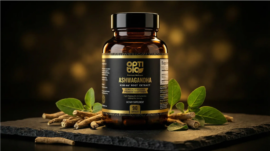 Optibio KSM-66® ashwagandha capsules with whole ashwagandha root — clinically dosed at 600mg