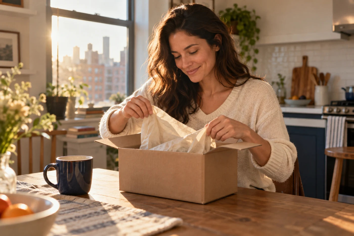A plain delivery box being unpacked at home
