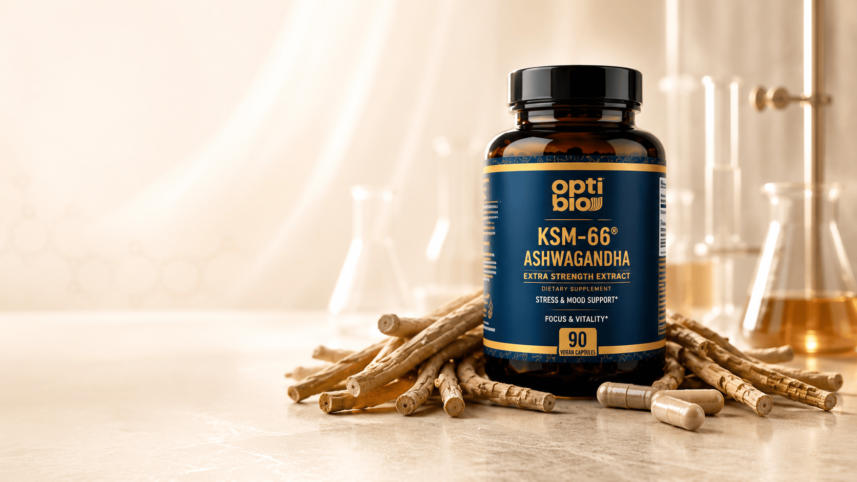 Optibio KSM-66 Ashwagandha bottle with roots and capsules