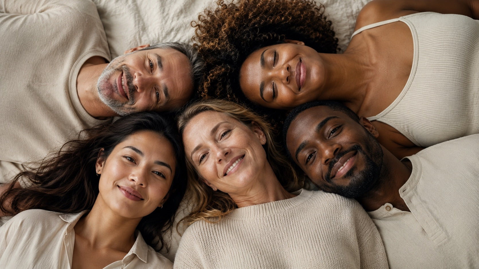 A group of people of different ages and backgrounds resting together, calm and at ease